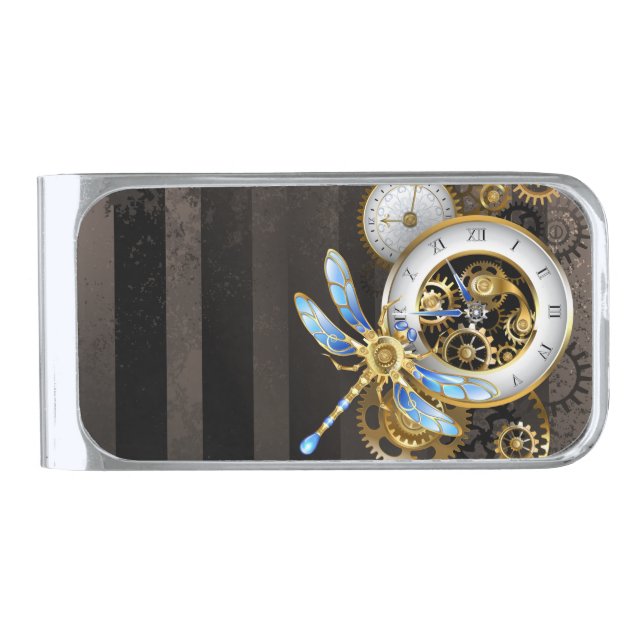 Steampunk Clock with Mechanical Dragonfly Silver Finish Money Clip (Front)
