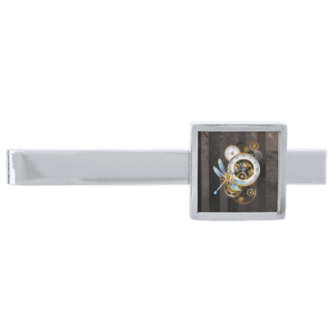 Steampunk Clock with Mechanical Dragonfly Silver Finish Tie Bar (Front)