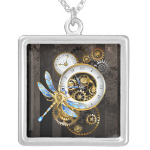Steampunk Clock with Mechanical Dragonfly Silver Plated Necklace