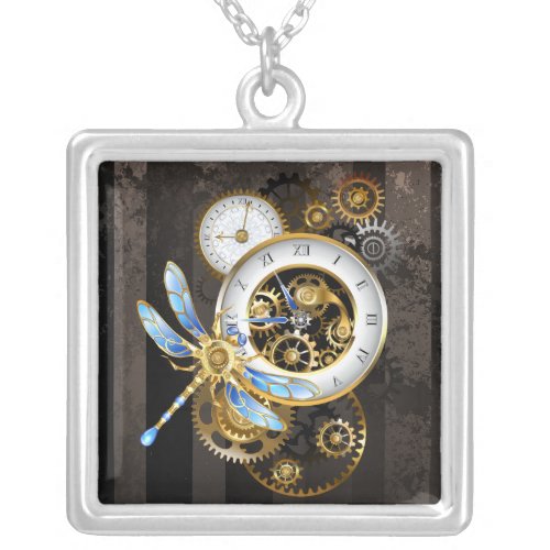 Steampunk Clock with Mechanical Dragonfly Silver Plated Necklace