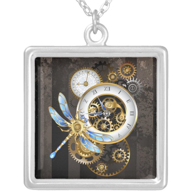 Steampunk Clock with Mechanical Dragonfly Silver Plated Necklace (Front)