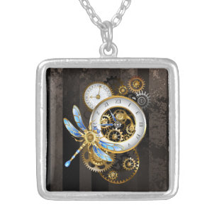 Steampunk Clock with Mechanical Dragonfly Silver Plated Necklace