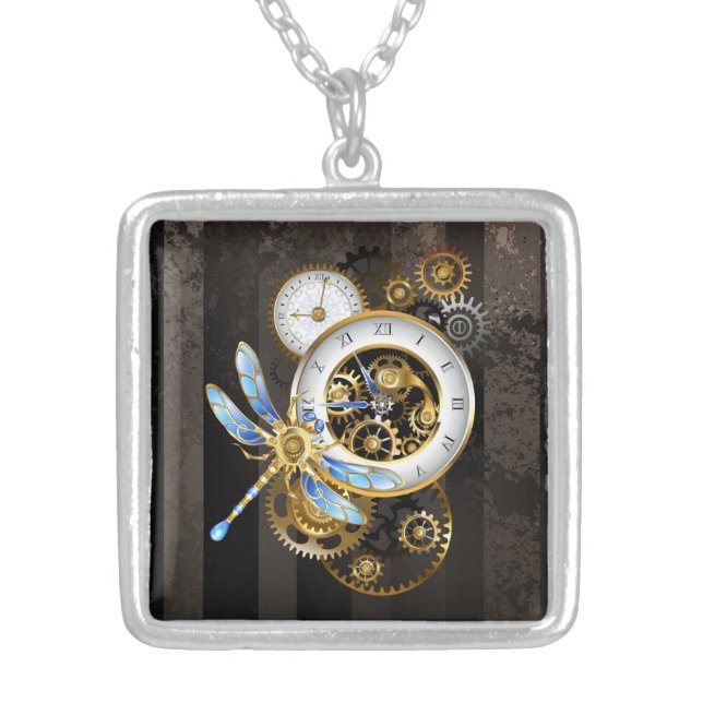 Steampunk Clock with Mechanical Dragonfly Silver Plated Necklace (Front)