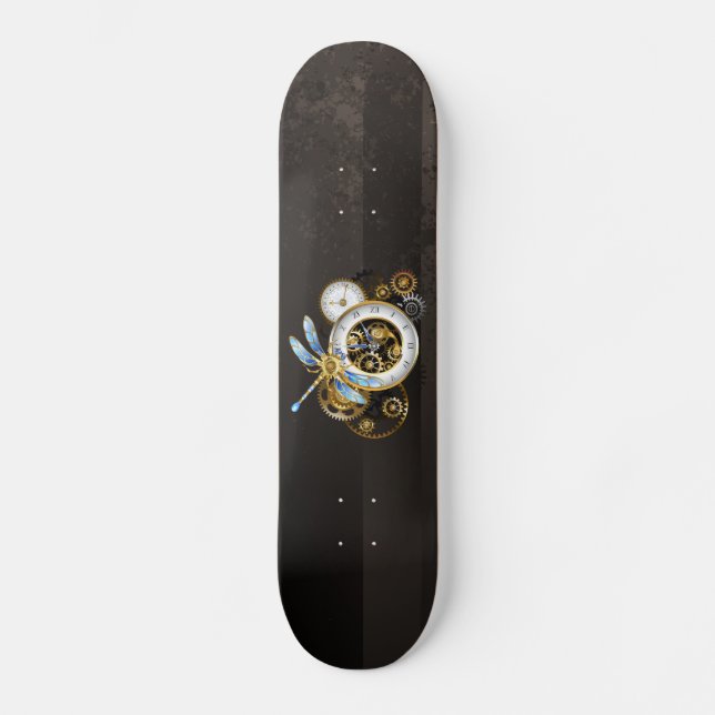 Steampunk Clock with Mechanical Dragonfly Skateboard (Front)
