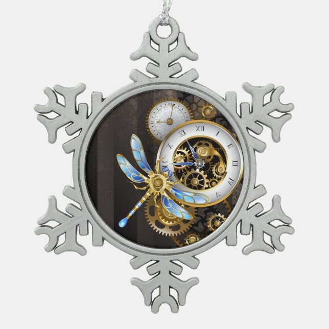 Steampunk Clock with Mechanical Dragonfly Snowflake Pewter Christmas Ornament (Front)