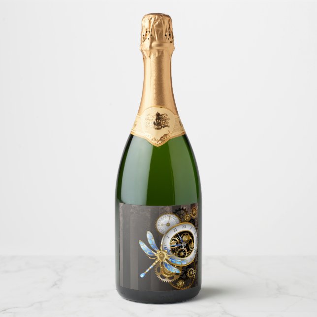 Steampunk Clock with Mechanical Dragonfly Sparkling Wine Label (Front)