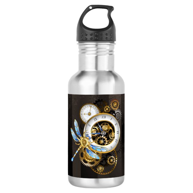 Steampunk Clock with Mechanical Dragonfly Stainless Steel Water Bottle (Front)