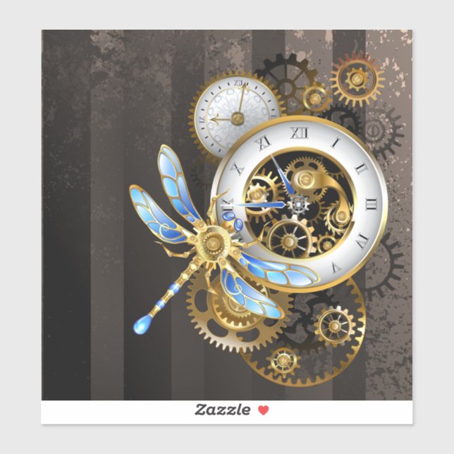 Steampunk Clock with Mechanical Dragonfly Sticker (Sheet)