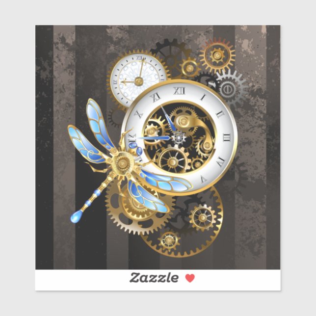 Steampunk Clock with Mechanical Dragonfly Sticker (Sheet)
