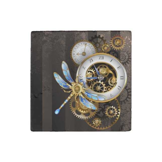 Steampunk Clock with Mechanical Dragonfly Stone Magnet (Front)