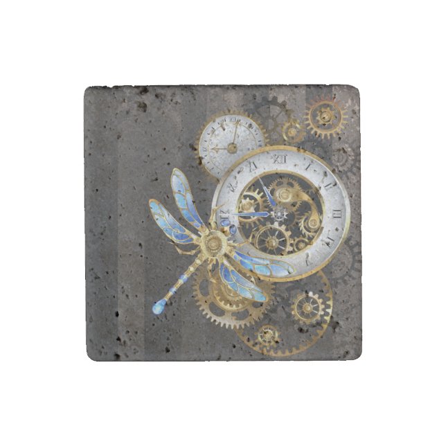Steampunk Clock with Mechanical Dragonfly Stone Magnet (Front)