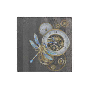 Steampunk Clock with Mechanical Dragonfly Stone Magnet