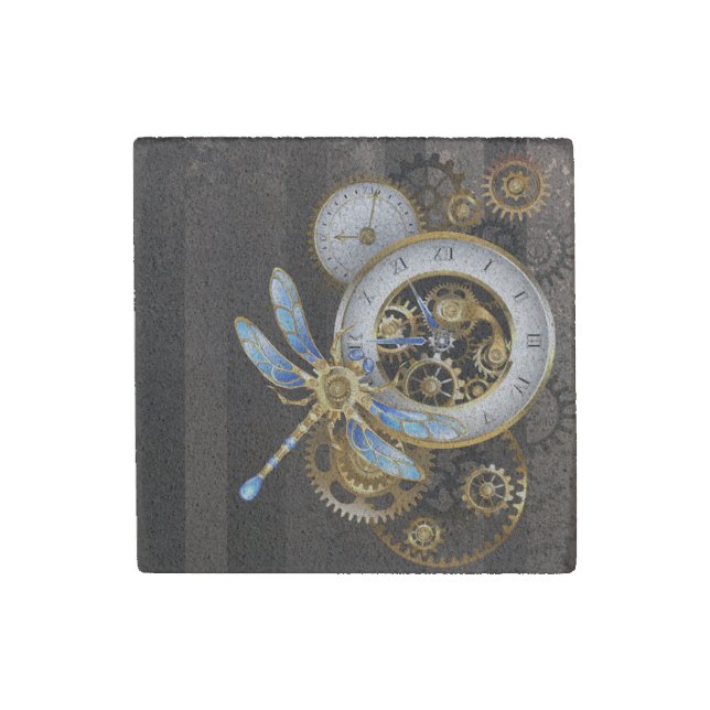 Steampunk Clock with Mechanical Dragonfly Stone Magnet (Front)