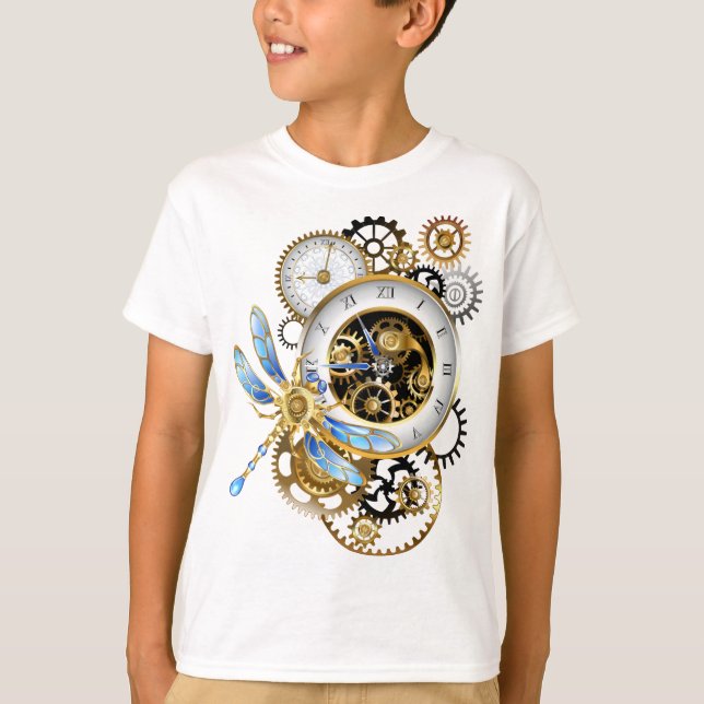 Steampunk Clock with Mechanical Dragonfly T-Shirt (Front)