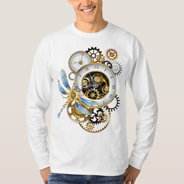 Steampunk Clock with Mechanical Dragonfly T-Shirt (Front)