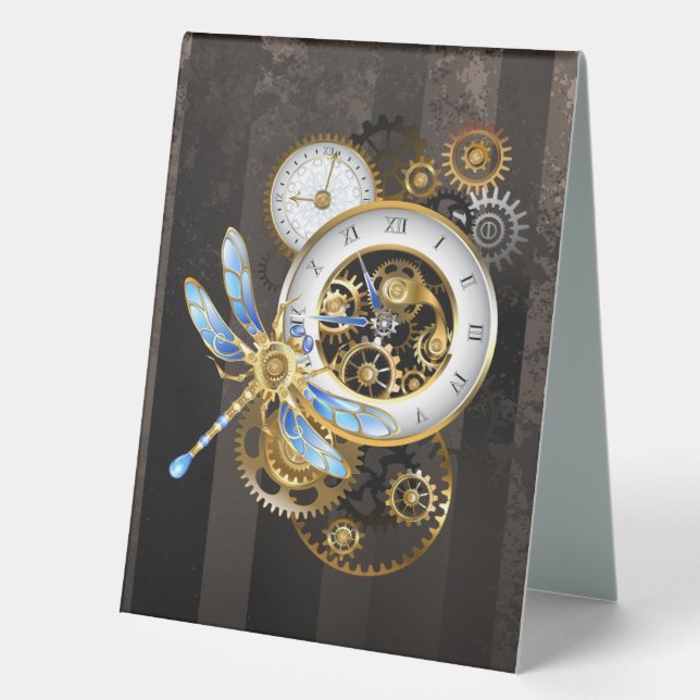 Steampunk Clock with Mechanical Dragonfly Table Tent (Front)
