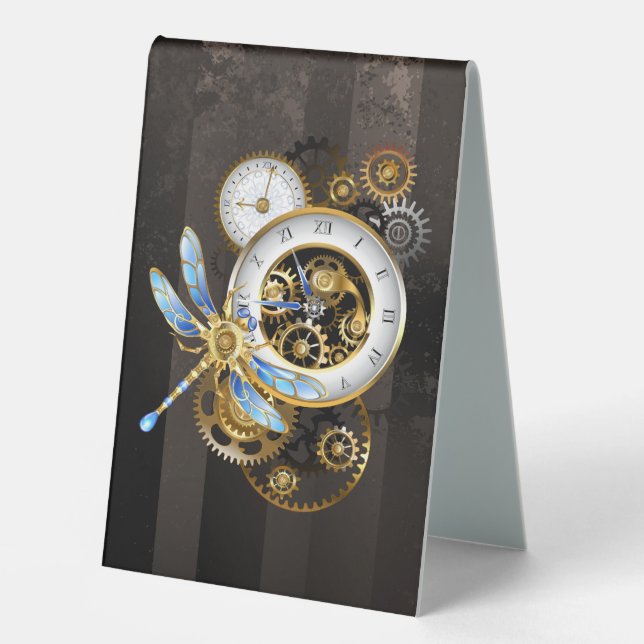 Steampunk Clock with Mechanical Dragonfly Table Tent (Front)