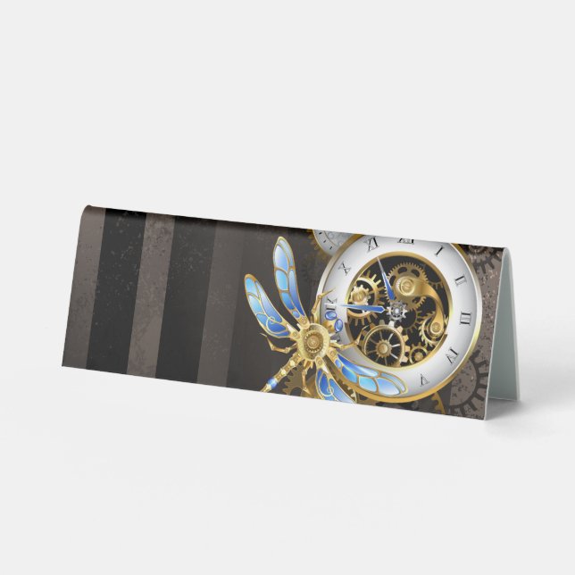 Steampunk Clock with Mechanical Dragonfly Table Tent (Front)