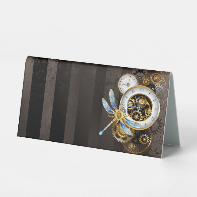 Steampunk Clock with Mechanical Dragonfly Table Tent (Front)