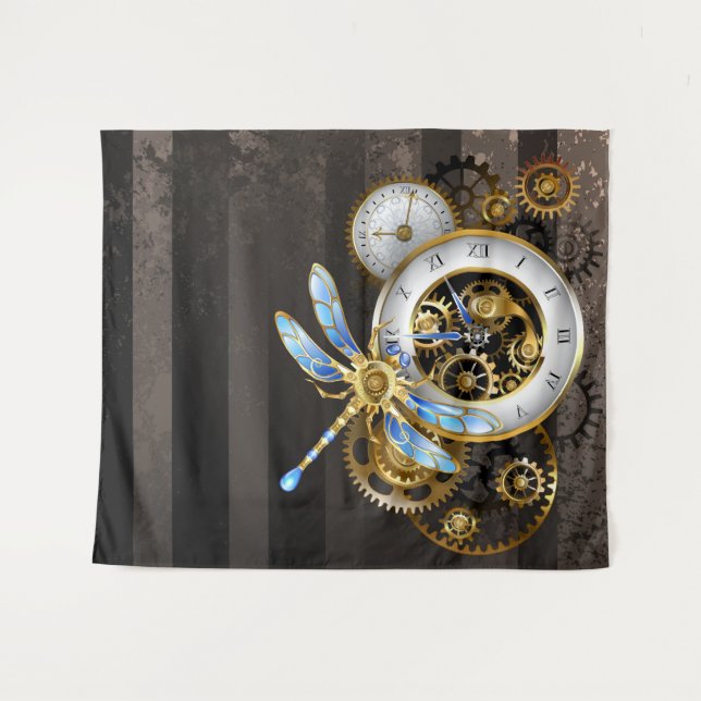 Steampunk Clock with Mechanical Dragonfly Tapestry (Front (Horizontal))