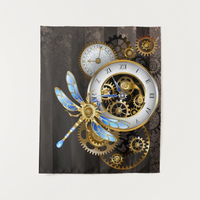 Steampunk Clock with Mechanical Dragonfly Tapestry (Front)