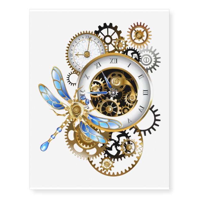 Steampunk Clock with Mechanical Dragonfly Temporary Tattoos (Front)