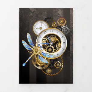Steampunk Clock with Mechanical Dragonfly Tri-Fold Invitation
