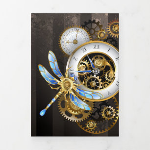 Steampunk Clock with Mechanical Dragonfly Tri-Fold Program