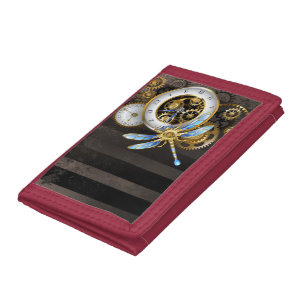 Steampunk Clock with Mechanical Dragonfly Tri-fold Wallet