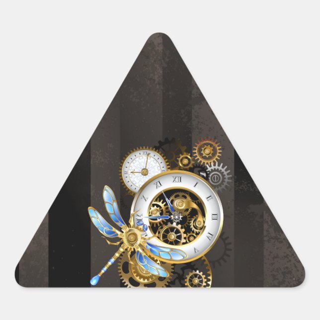 Steampunk Clock with Mechanical Dragonfly Triangle Sticker (Front)
