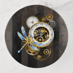 Steampunk Clock with Mechanical Dragonfly Trinket Tray