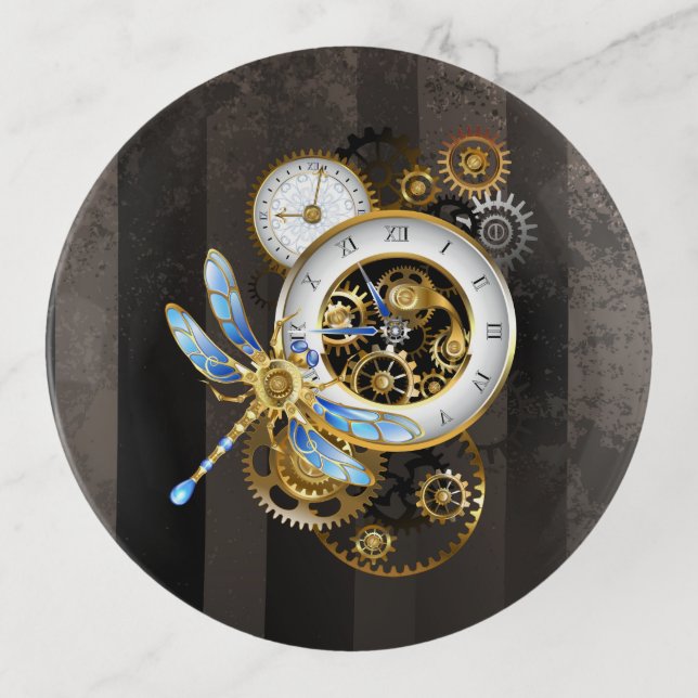Steampunk Clock with Mechanical Dragonfly Trinket Tray (Front)