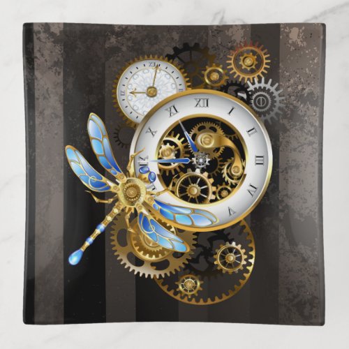 Steampunk Clock with Mechanical Dragonfly Trinket Tray