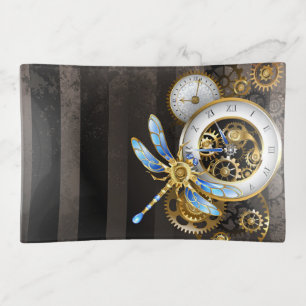 Steampunk Clock with Mechanical Dragonfly Trinket Tray