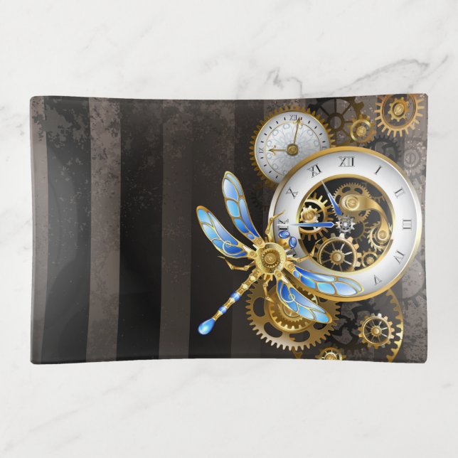 Steampunk Clock with Mechanical Dragonfly Trinket Tray (Front)