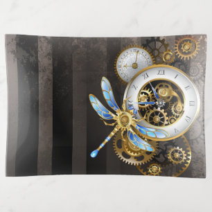 Steampunk Clock with Mechanical Dragonfly Trinket Tray