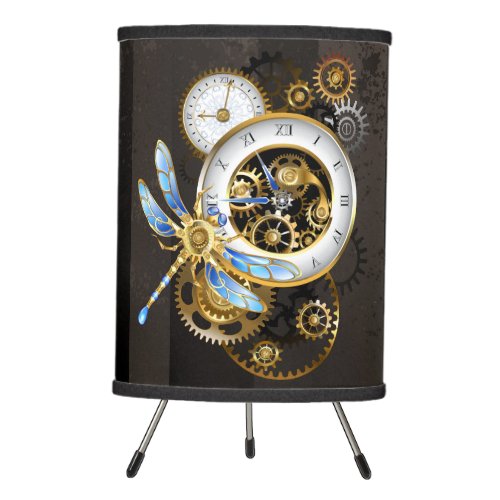 Steampunk Clock with Mechanical Dragonfly Tripod Lamp