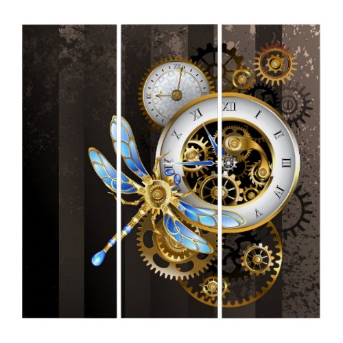 Steampunk Clock with Mechanical Dragonfly Triptych