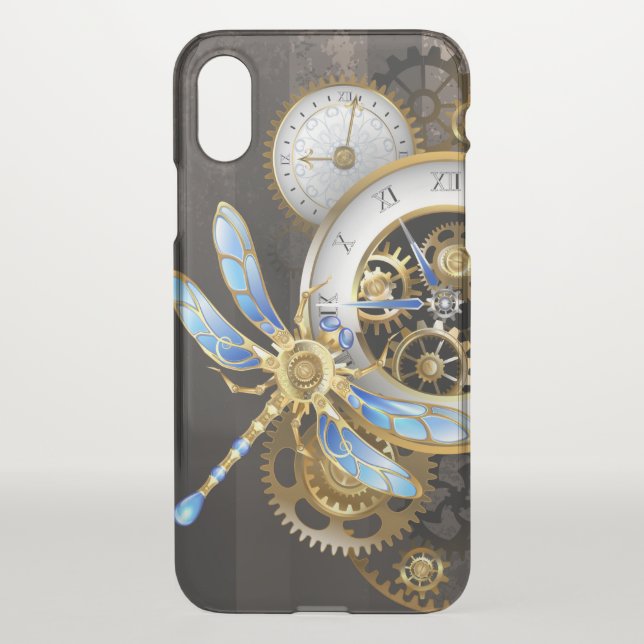 Steampunk Clock with Mechanical Dragonfly Uncommon iPhone Case (Back)