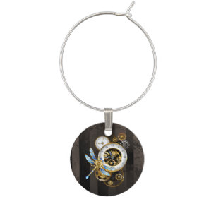 Steampunk Clock with Mechanical Dragonfly Wine Charm