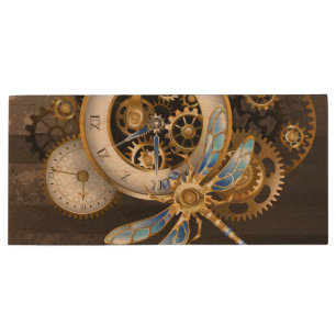 Steampunk Clock with Mechanical Dragonfly Wood Flash Drive