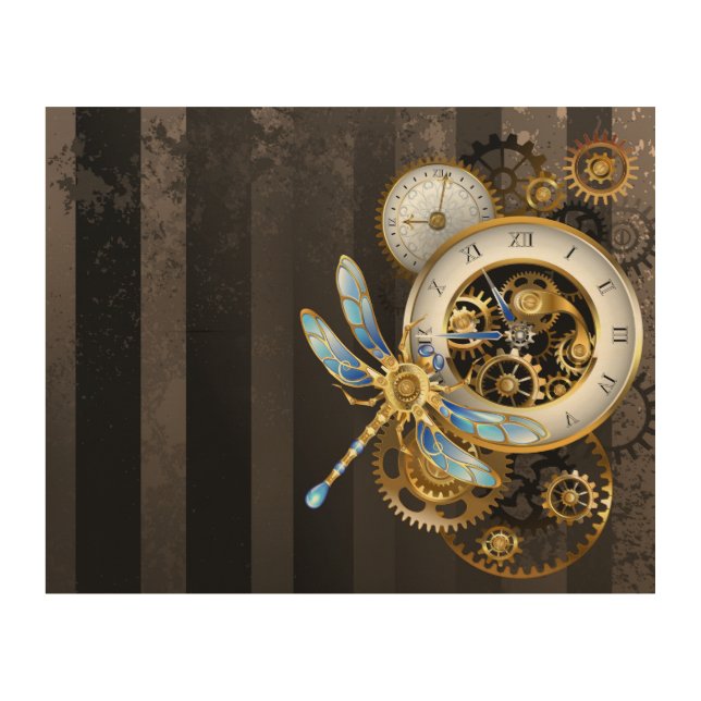 Steampunk Clock with Mechanical Dragonfly Wood Wall Art (Front)
