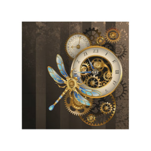 Steampunk Clock with Mechanical Dragonfly Wood Wall Art
