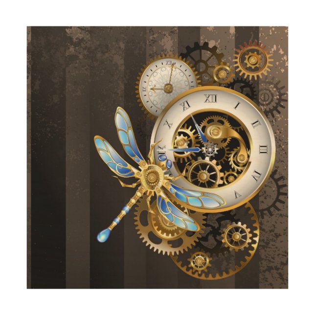Steampunk Clock with Mechanical Dragonfly Wood Wall Art (Front)