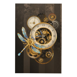 Steampunk Clock with Mechanical Dragonfly Wood Wall Art