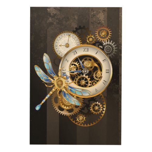 Steampunk Clock with Mechanical Dragonfly Wood Wall Art