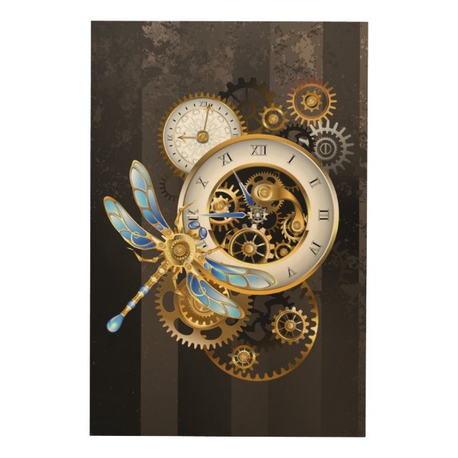 Steampunk Clock with Mechanical Dragonfly Wood Wall Art (Front)