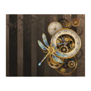 Steampunk Clock with Mechanical Dragonfly Wood Wall Art