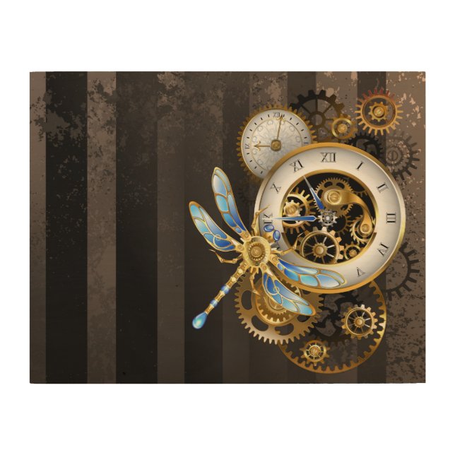 Steampunk Clock with Mechanical Dragonfly Wood Wall Art (Front)