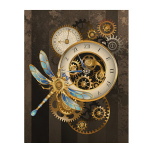 Steampunk Clock with Mechanical Dragonfly Wood Wall Art